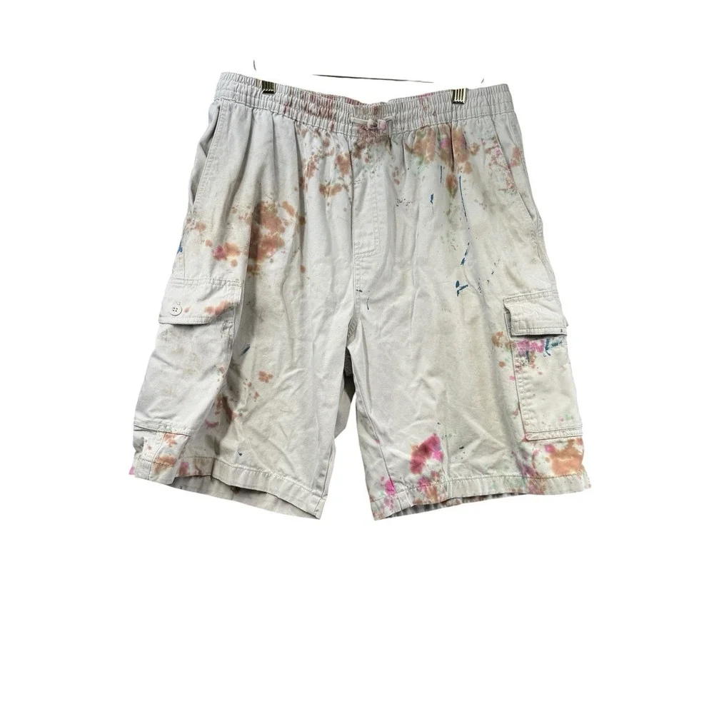 OP Ocean Pacific Paint Splatter Cargo Shorts Y2K Drawstring Men's L 32 Waist